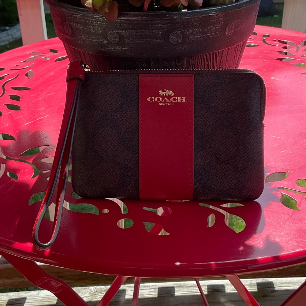 Coach Dark Brown and Red Wristlet